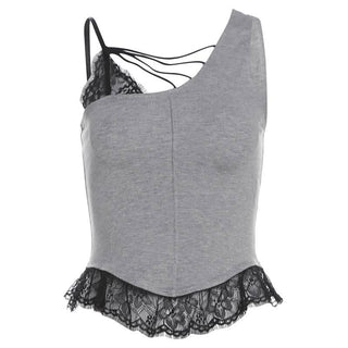 Irregular lace hem hollow out stitch patchwork cut out top