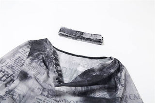 Cowl neck long sleeve mesh abstract print top