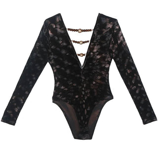 Long sleeve deep V neck beaded mesh bodysuit