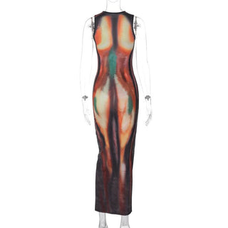 Crewneck body print contrast tank maxi dress