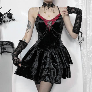 V neck beaded velvet cami mini dress