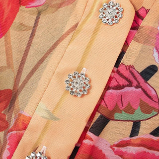 Flower print button short sleeve sheer mesh see through pant set