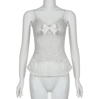 Lace hem ruffle bowknot v neck backless cami top