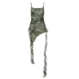 Camouflage ruffle irregular ruched cami top
