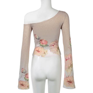 Long sleeve one shoulder flower print gradient top