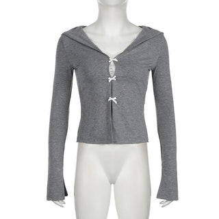 Long sleeve lace hem bowknot top