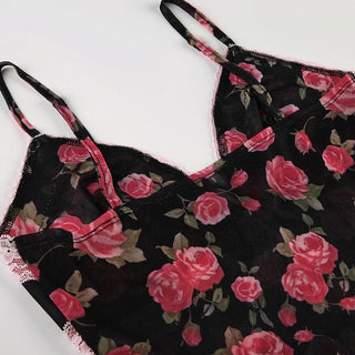 V neck lace hem backless rose print mesh cami top