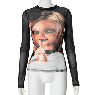 Long sleeve crewneck figure print sheer mesh top