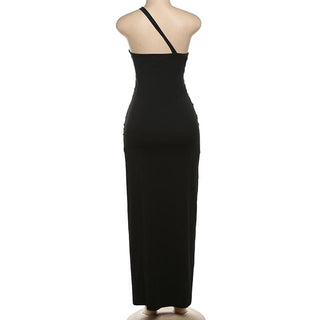 One shoulder hollow out metal applique cut out maxi dress