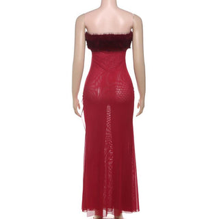 Fluffy patchwork mesh backless tube maxi dress