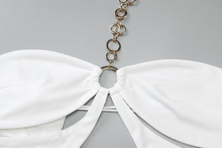 Off shoulder halter o ring hollow out metal chain cut out maxi dress