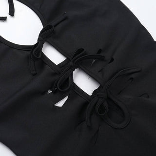 Self tie hollow out crewneck slit solid cut out midi dress