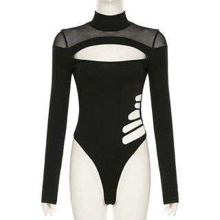 High neck long sleeve mesh hollow out bodysuit