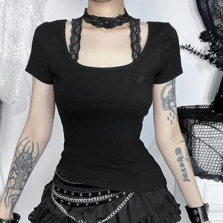 Short sleeve u neck halter lace irregular top