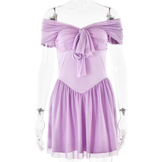 Short sleeve off shoulder knotted mesh patchwork mini dress