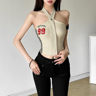 Halter button â€œ99â€ pattern contrast backless crop top