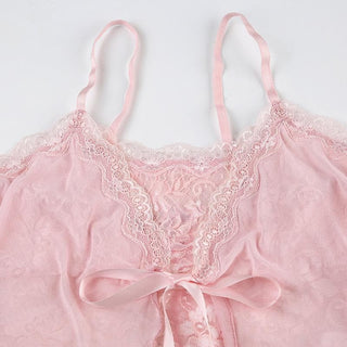 Lace patchwork ruffle ribbon mesh knotted cami top