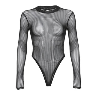 Long sleeve sheer mesh striped bodysuit