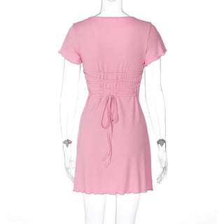 Short sleeve u neck ribbed knotted mini dress