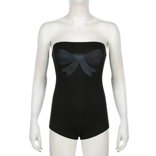 Bowknot print backless tube romper