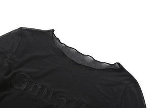 Long sleeve round neck letter sheer mesh top