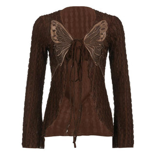 Textured butterfly pattern self tie long sleeve v neck crop top