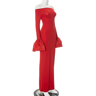 Long flared sleeve off shoulder ruched slit maxi dress