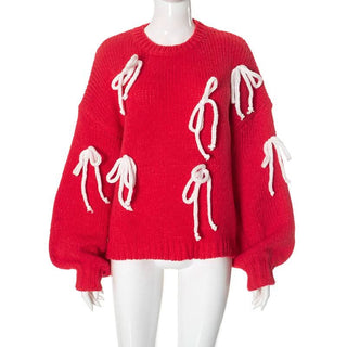 Long sleeve crewneck bowknot knitted top