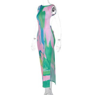 Sleeveless print contrast slit backless midi dress