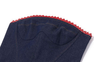 Lace hem lace up corset denim tube top