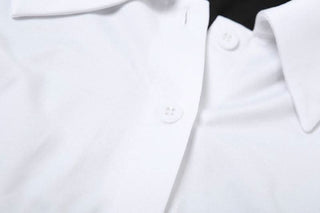 Turnover collar long sleeve button patchwork belt top