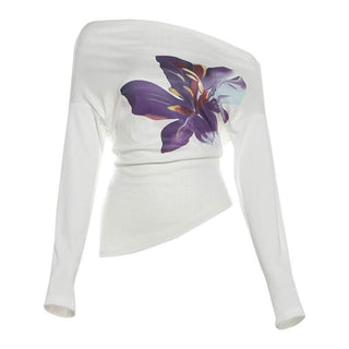 Ribbed long sleeve irregular flower pattern top