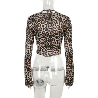 Leopard print halter long sleeve hollow out cut out top