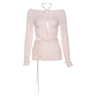 Long sleeve halter ribbon round neck top