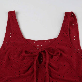 Hollow out v neck self tie textured tank cut out top