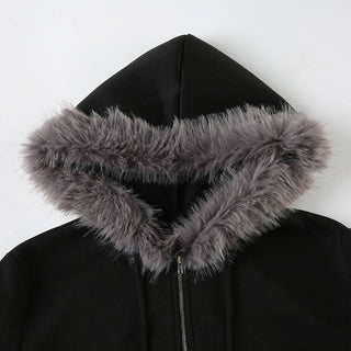 Hoodie long sleeve fluffy zip-up coat top