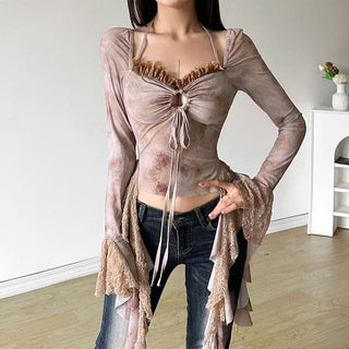 Long sleeve v neck hollow out lace hem halter cut out top