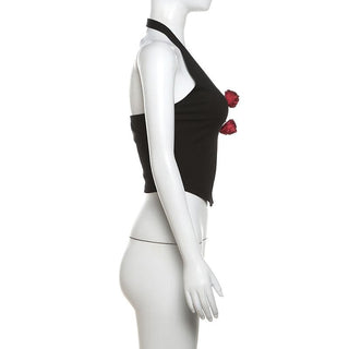 Halter u neck flower applique hollow out crop cut out top