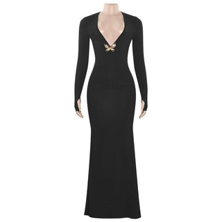 V neck long sleeve butterfly applique maxi dress