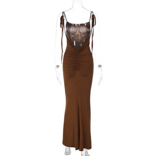 Self tie backless ruched square neck solid maxi dress