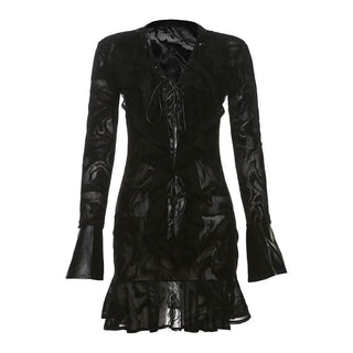 Long sleeve v neck self tie ripple button mini dress