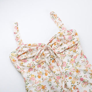 Drawstring ruched sweetheart neck flower print cami midi dress