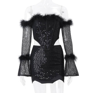 Long flared sleeve glitter feather off shoulder top