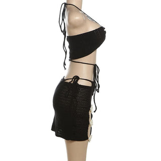 Halter knitted flower applique 3 piece mini skirt set