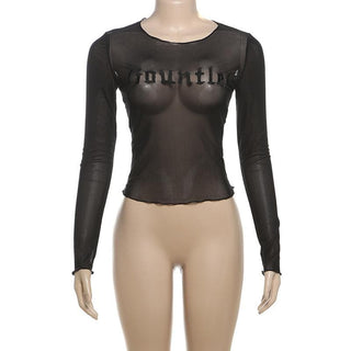 Long sleeve round neck letter sheer mesh top