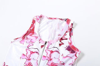 U neck zip-up print stitch tank romper