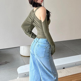 Long sleeve irregular hollow out ruched solid cut out top