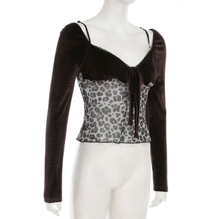 Long sleeve bowknot velvet patchwork leopard print top