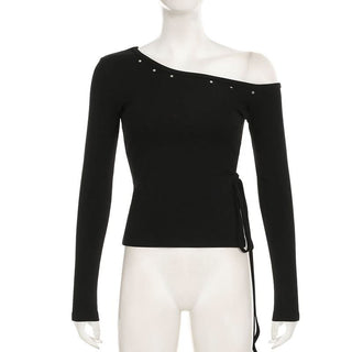 Long sleeve one shoulder slit self tie top