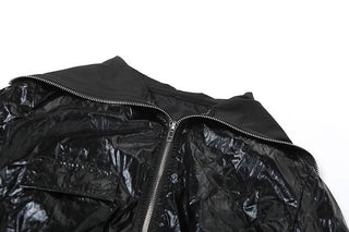 Turnover collar long sleeve PU leather zip-up coat top